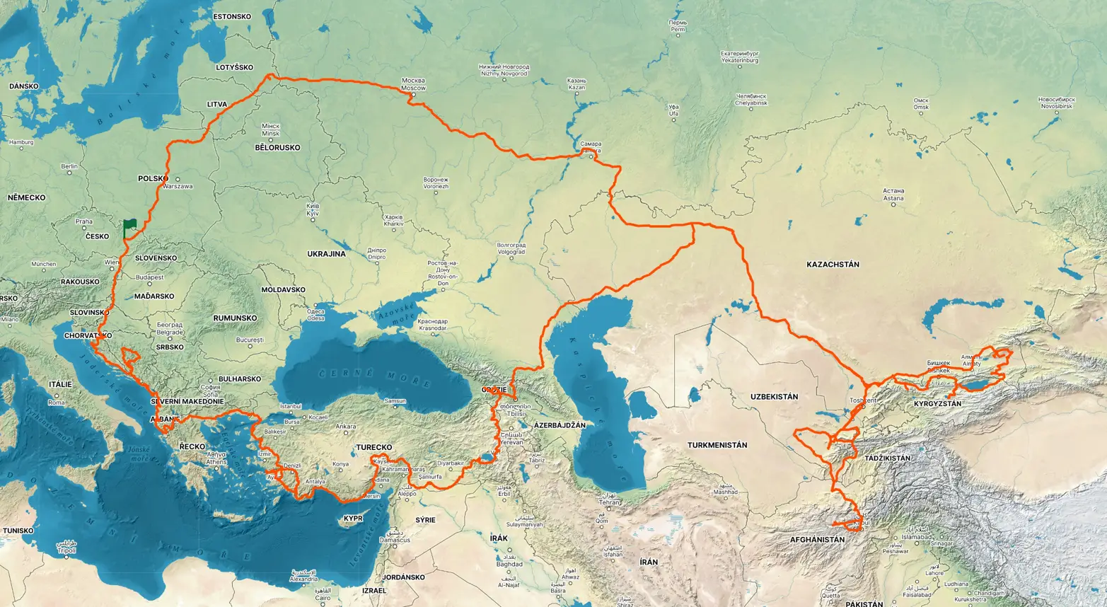 mapa s červenou čárou znázorňující ujetou trasu